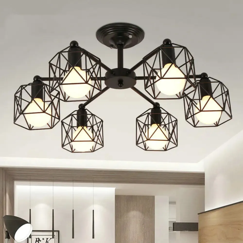 Black Metal Hexagon Cage Ceiling Light - Vintage Chandelier for Living Room