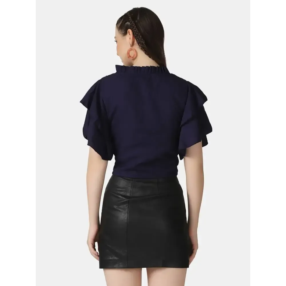 Trendy Navy Velvet Crepe Ruffle Short Sleeve Sequins Embellished Women Top