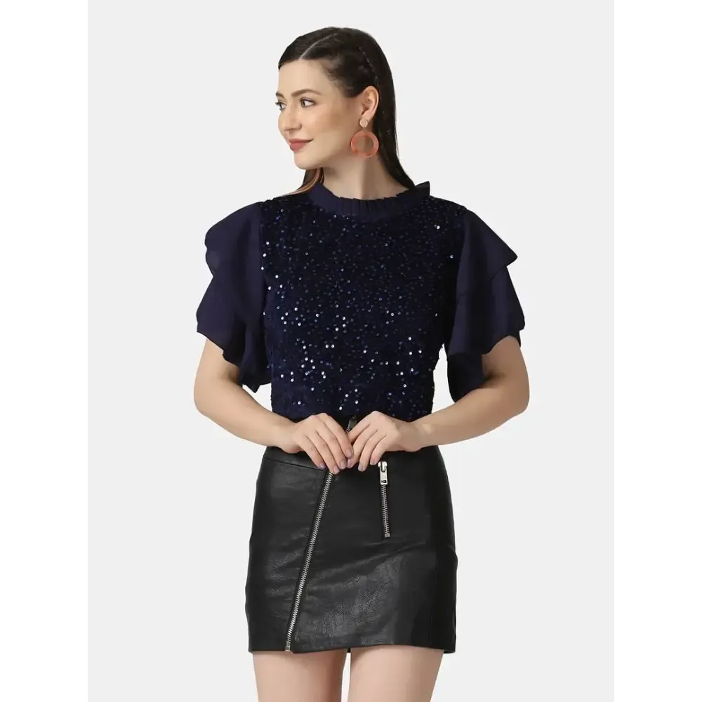 Trendy Navy Velvet Crepe Ruffle Short Sleeve Sequins Embellished Women Top