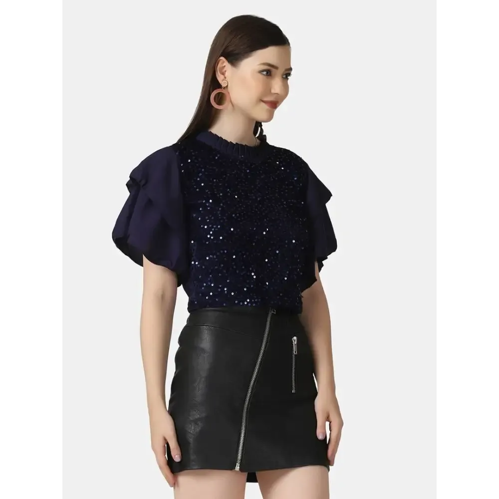 Trendy Navy Velvet Crepe Ruffle Short Sleeve Sequins Embellished Women Top