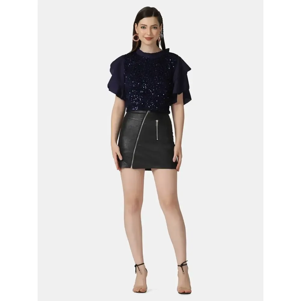 Trendy Navy Velvet Crepe Ruffle Short Sleeve Sequins Embellished Women Top
