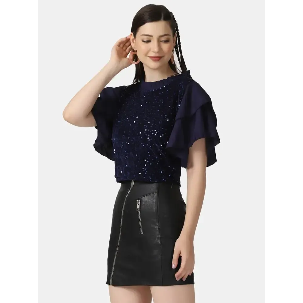 Trendy Navy Velvet Crepe Ruffle Short Sleeve Sequins Embellished Women Top