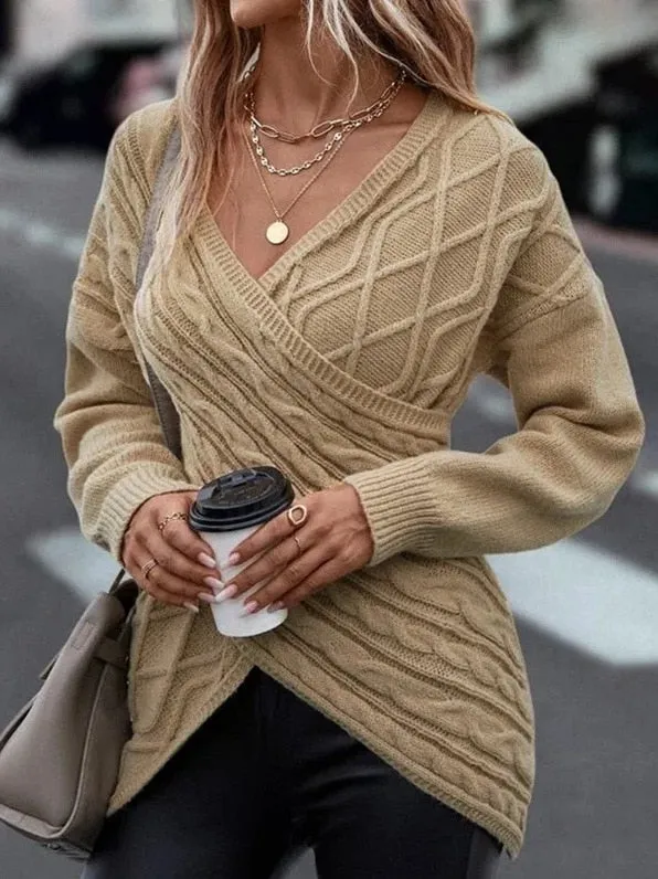 V-neck Knitted Off Shoulder Pullovers Cross Jacquard Sweater