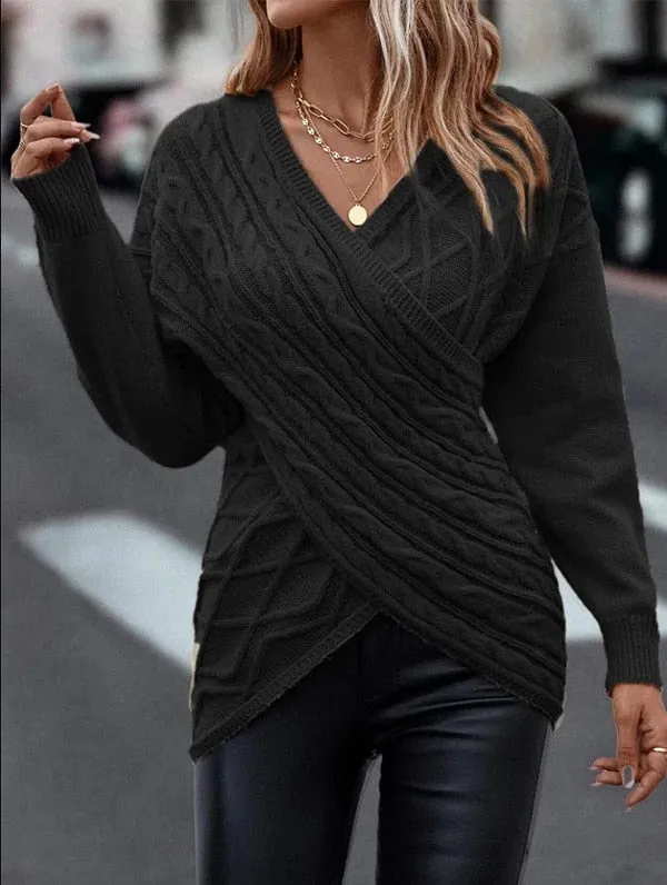 V-neck Knitted Off Shoulder Pullovers Cross Jacquard Sweater