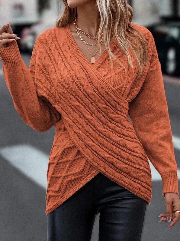 V-neck Knitted Off Shoulder Pullovers Cross Jacquard Sweater