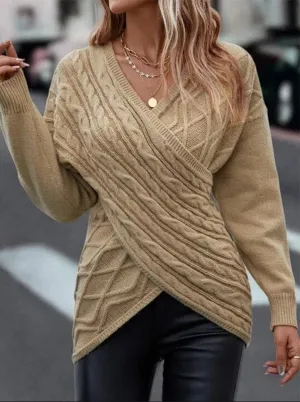 V-neck Knitted Off Shoulder Pullovers Cross Jacquard Sweater