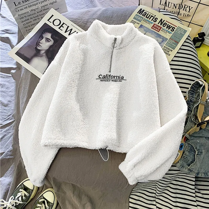 Women Hoodie Lamb Wool Short Half High Collar Sweatshirt