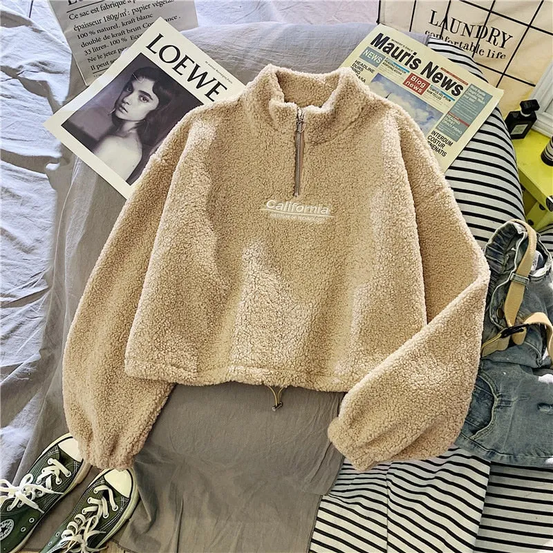 Women Hoodie Lamb Wool Short Half High Collar Sweatshirt