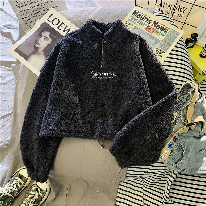 Women Hoodie Lamb Wool Short Half High Collar Sweatshirt
