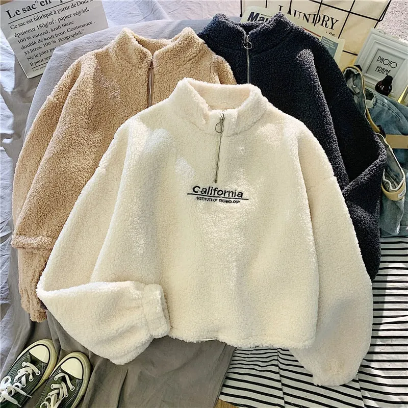 Women Hoodie Lamb Wool Short Half High Collar Sweatshirt